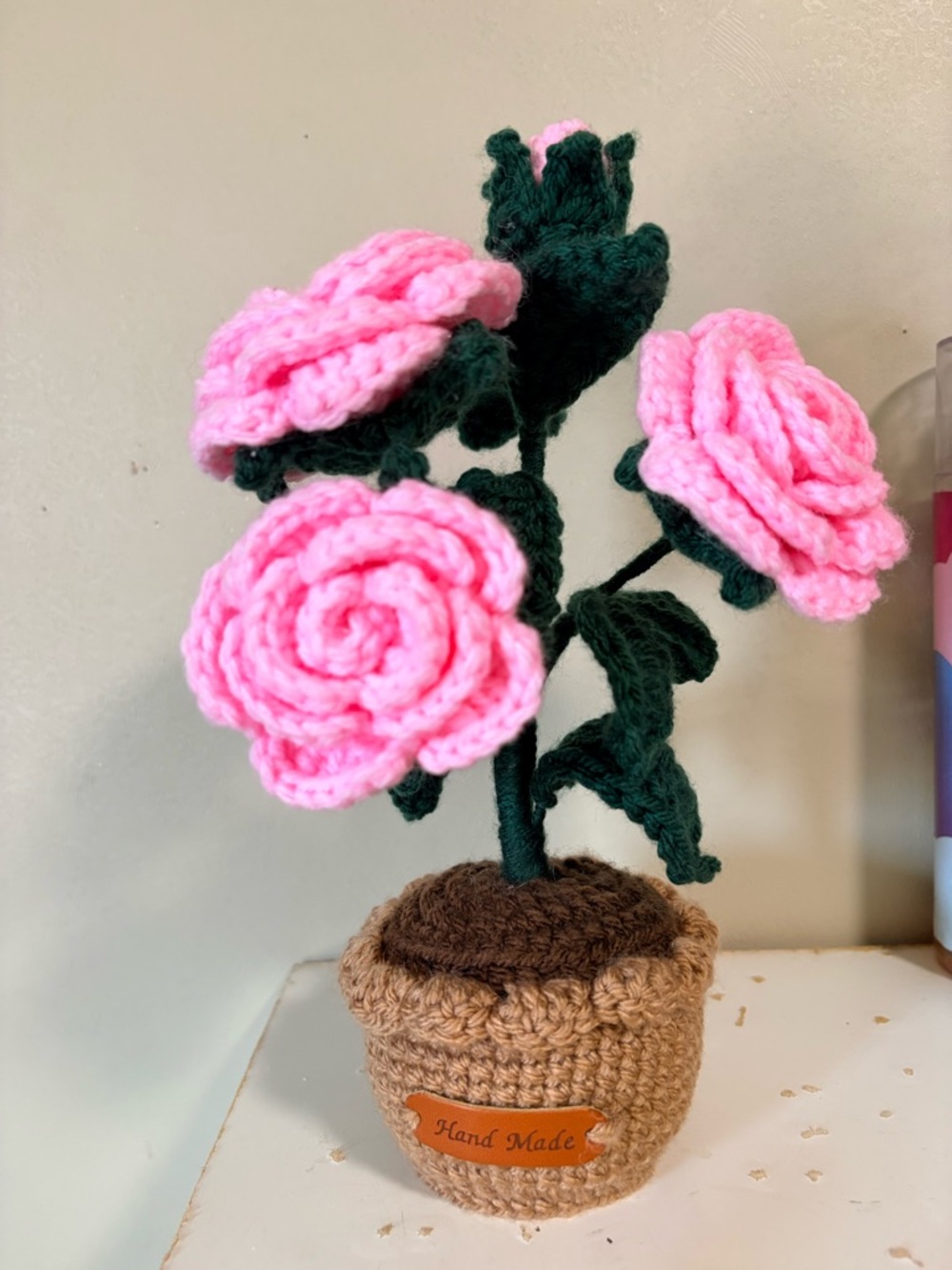 Pink Crochet Rose Plush in Brown Pot